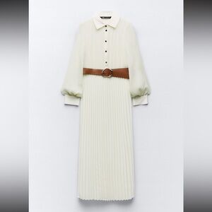Zara cream pleated midi dress with brown belt